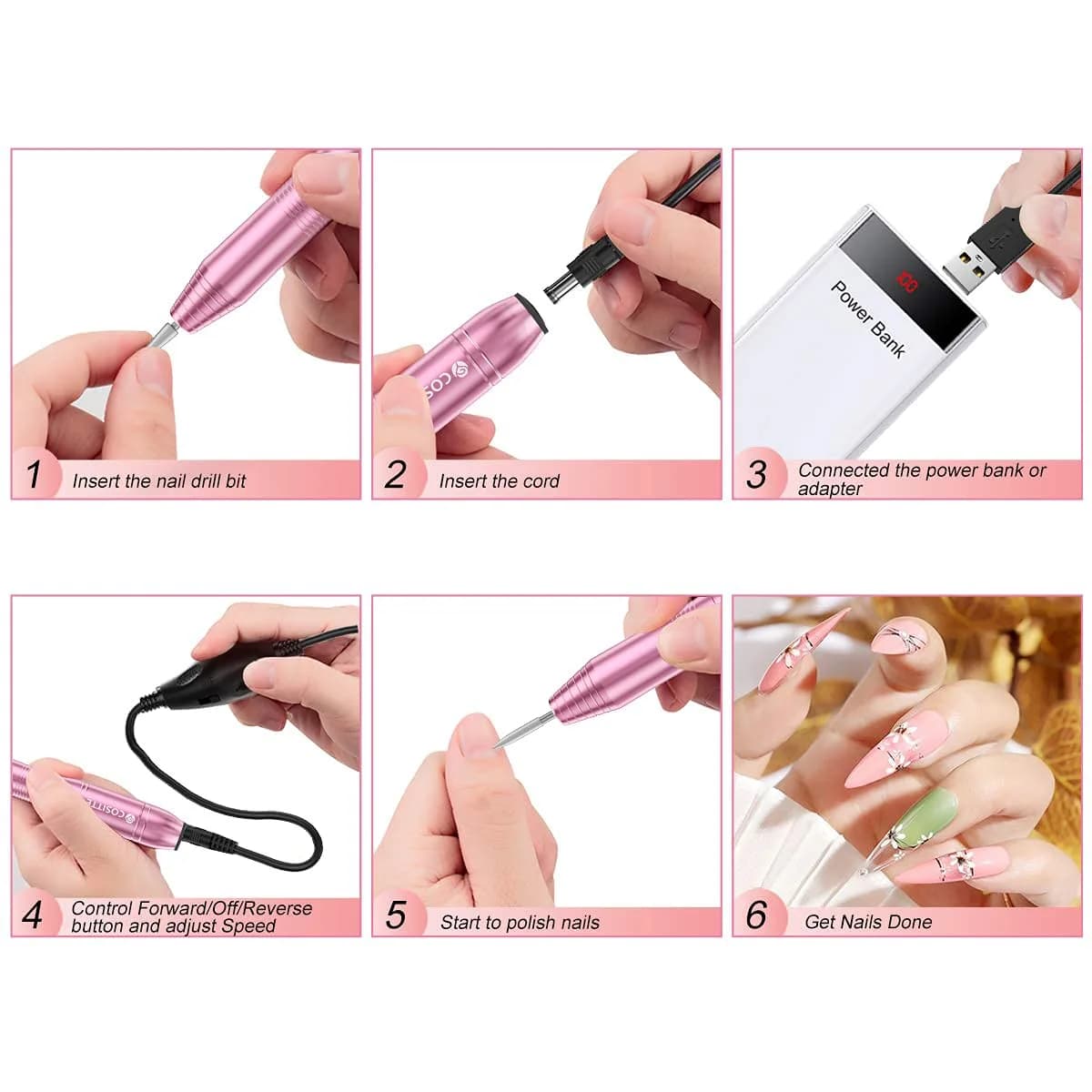 COSITTE Pink Electric Nail Drill Machine with USB Power, Portable Efile for Acrylic Nails, 20000 RPM Adjustable Speed & 56 Piece Set - view 4