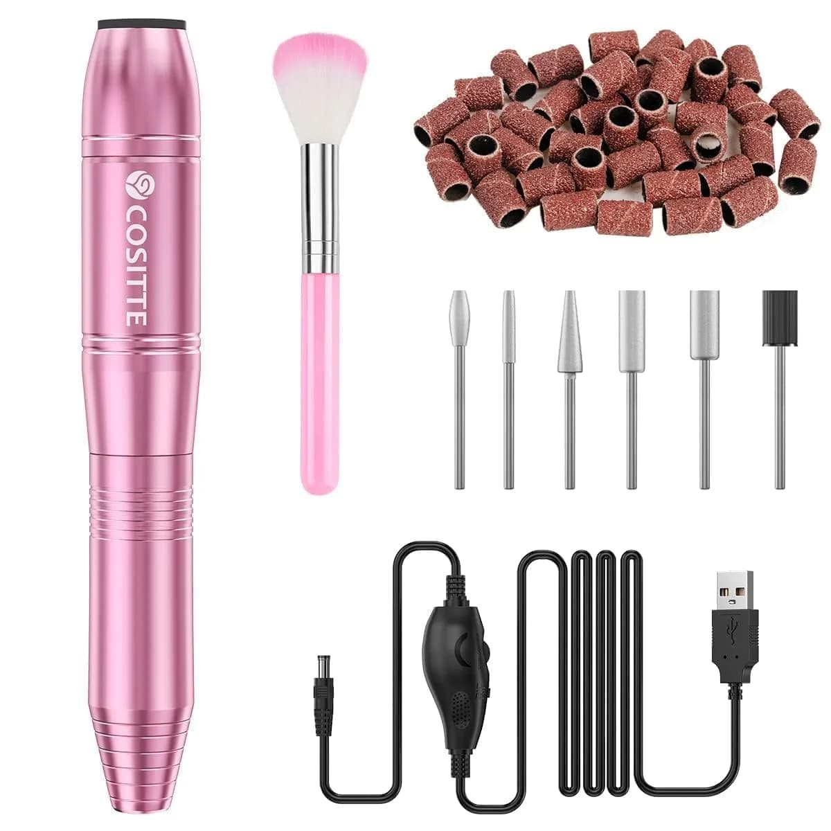 COSITTE Pink Electric Nail Drill Machine with USB Power, Portable Efile for Acrylic Nails, 20000 RPM Adjustable Speed & 56 Piece Set - main product image