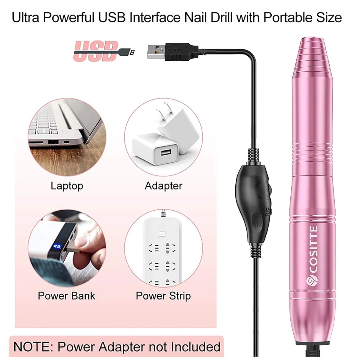 COSITTE Pink Electric Nail Drill Machine with USB Power, Portable Efile for Acrylic Nails, 20000 RPM Adjustable Speed & 56 Piece Set - view 2