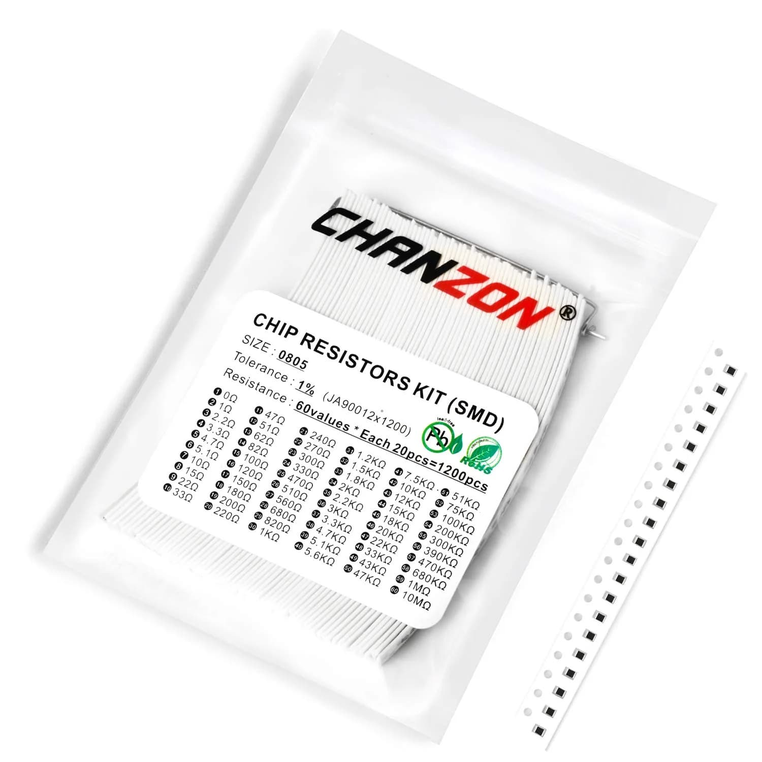 CHANZON 1200pcs 0805 SMD Resistor Kit 60 Values 0-10M ohm 1/8W | Precision Metal Film Resistors