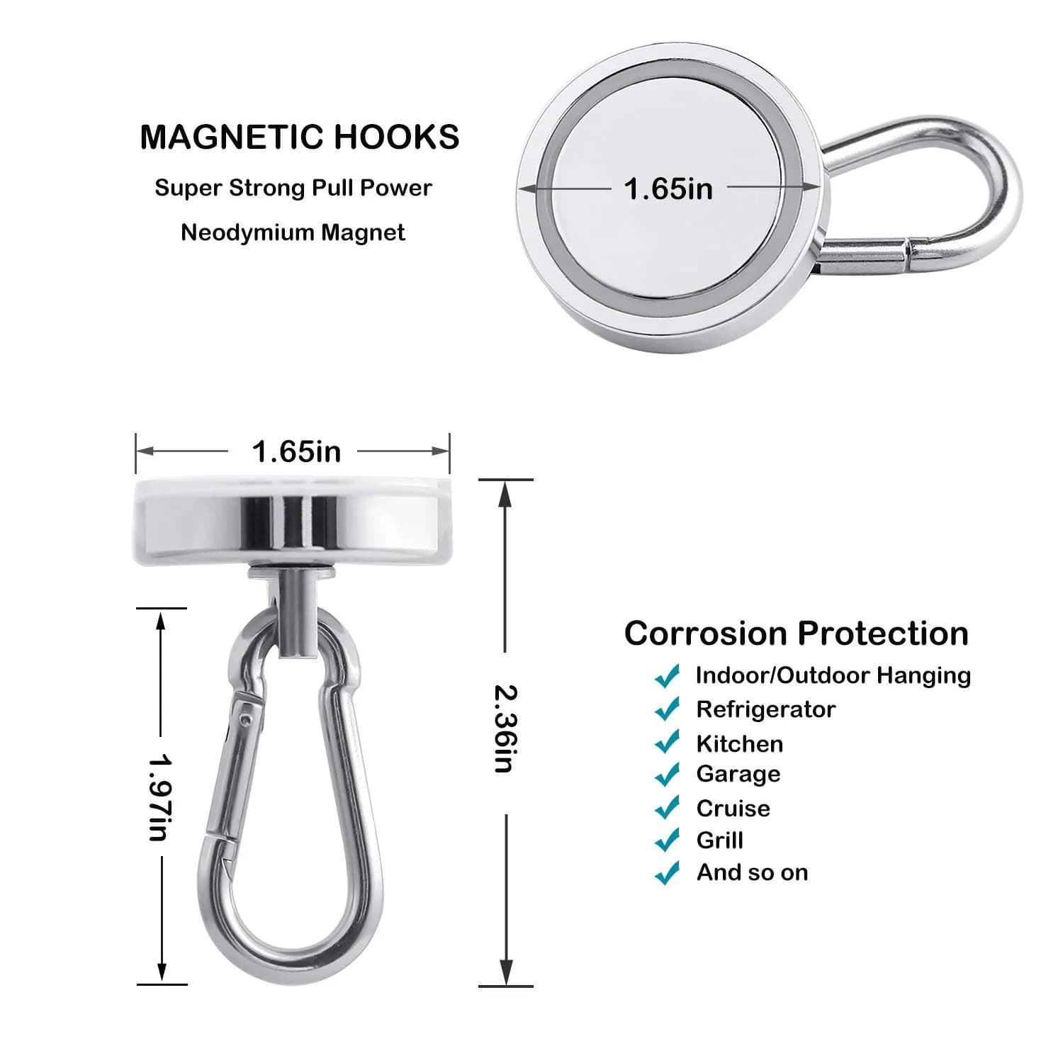WELLZEER Heavy Duty Magnetic Hooks with Carabiner, 170 lbs Vertical Capacity | Stainless Steel, Pack of 8 - view 5