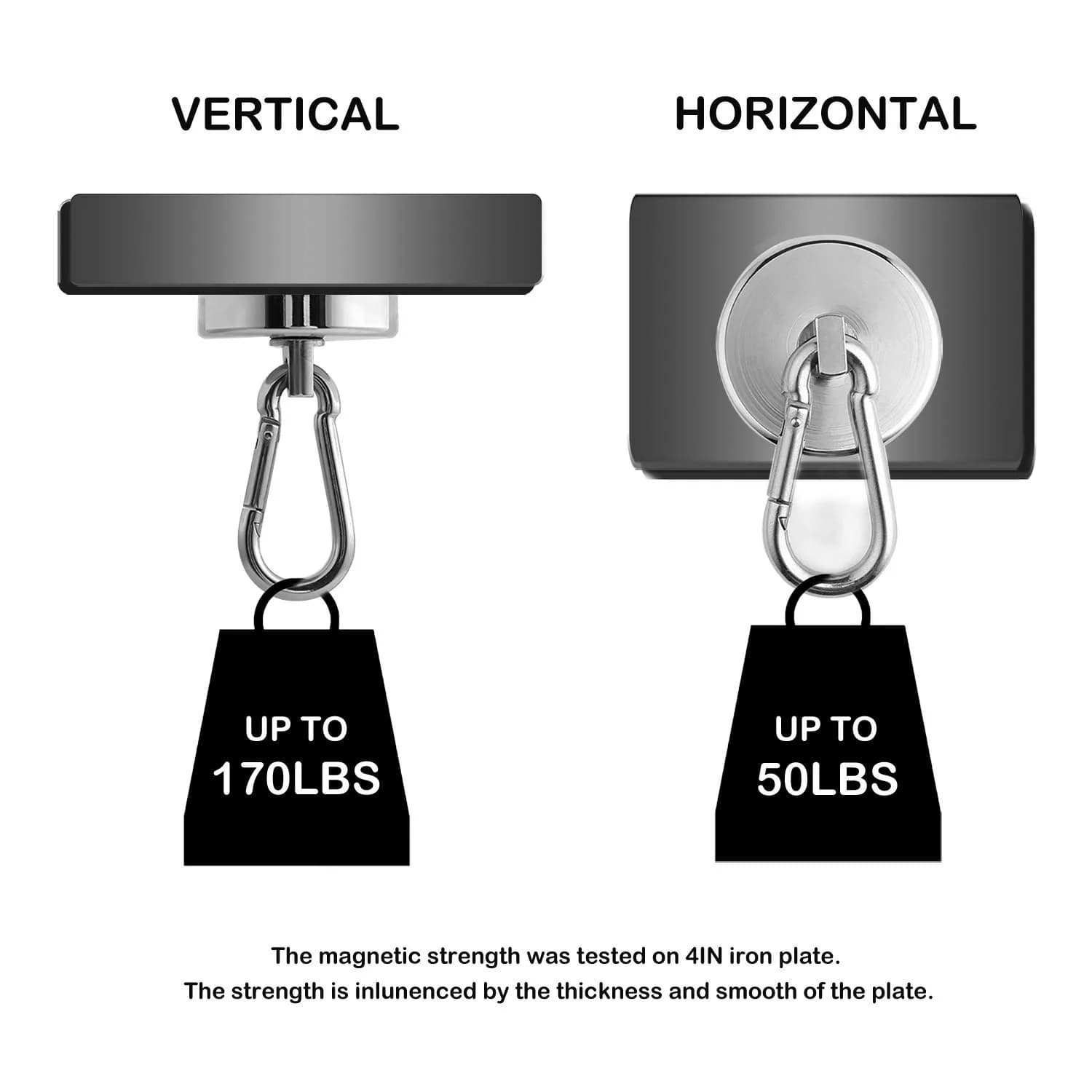 WELLZEER Heavy Duty Magnetic Hooks with Carabiner, 170 lbs Vertical Capacity | Stainless Steel, Pack of 8 - view 4