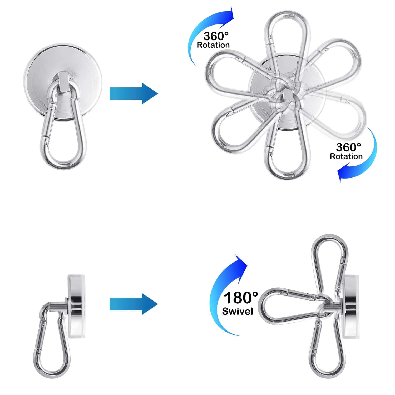 WELLZEER Heavy Duty Magnetic Hooks with Carabiner, 170 lbs Capacity, Stainless Steel, Pack of 4 | Industrial Grade for Garages & Kitchens - view 2
