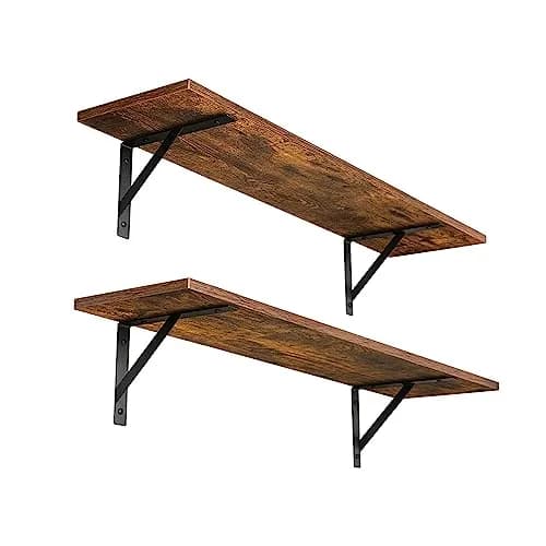 DINZI LVJ Wall Shelves, 23.6" Long Floating Shelves with Metal Brackets | Rustic Brown, Set of 2, Max 10kg thumbnail 1