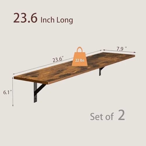 DINZI LVJ Wall Shelves, 23.6" Long Floating Shelves with Metal Brackets | Rustic Brown, Set of 2, Max 10kg thumbnail 8