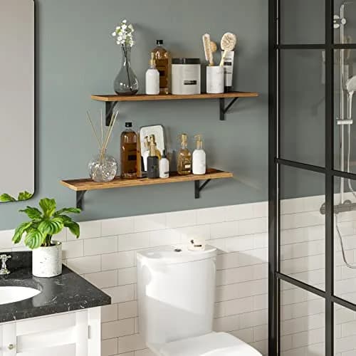 DINZI LVJ Wall Shelves, 23.6" Long Floating Shelves with Metal Brackets | Rustic Brown, Set of 2, Max 10kg thumbnail 2