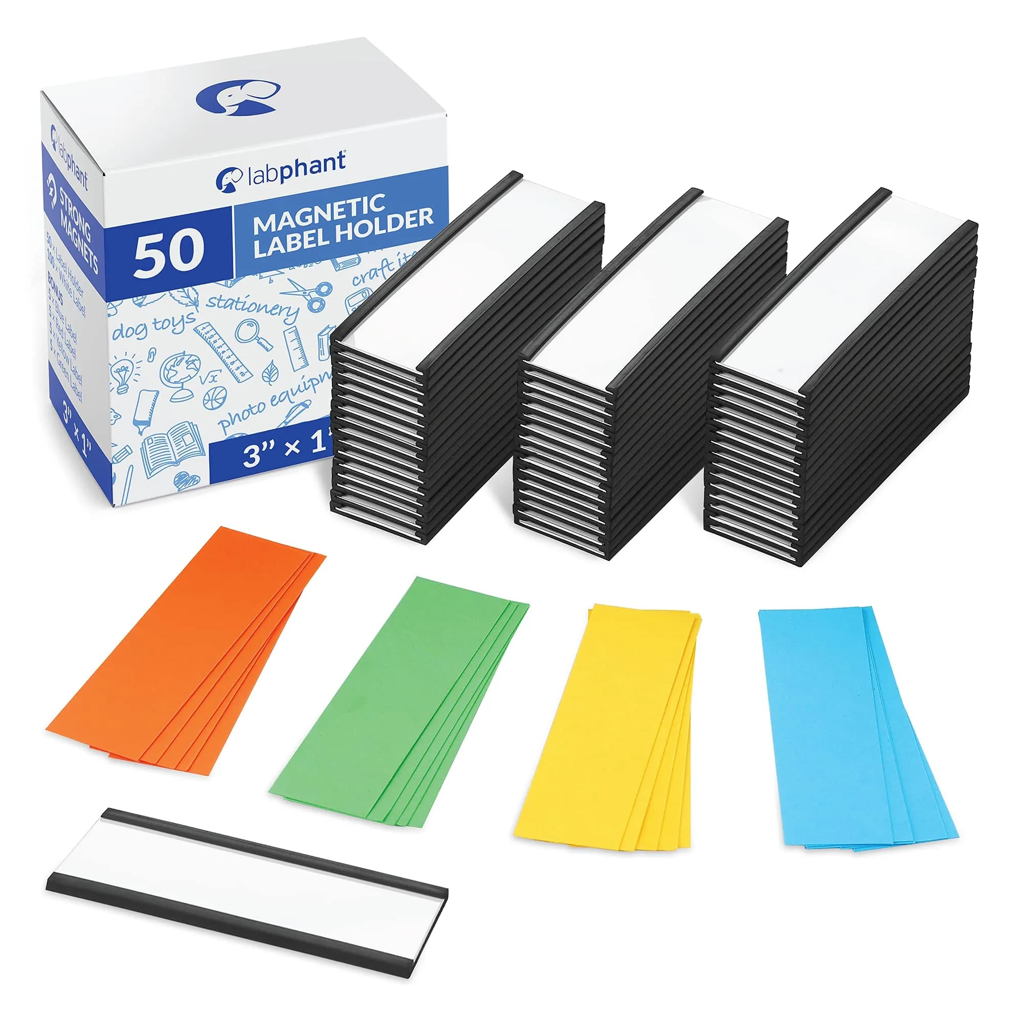 labphant "C" Channel Magnetic Label Holders 1x3 Inch, 50 Pack with 100 White & 20 Colorful Inserts | Heavy Duty Magnet for Shelving, Lockers, Whiteboards — Blue, Green, Yellow, Red
