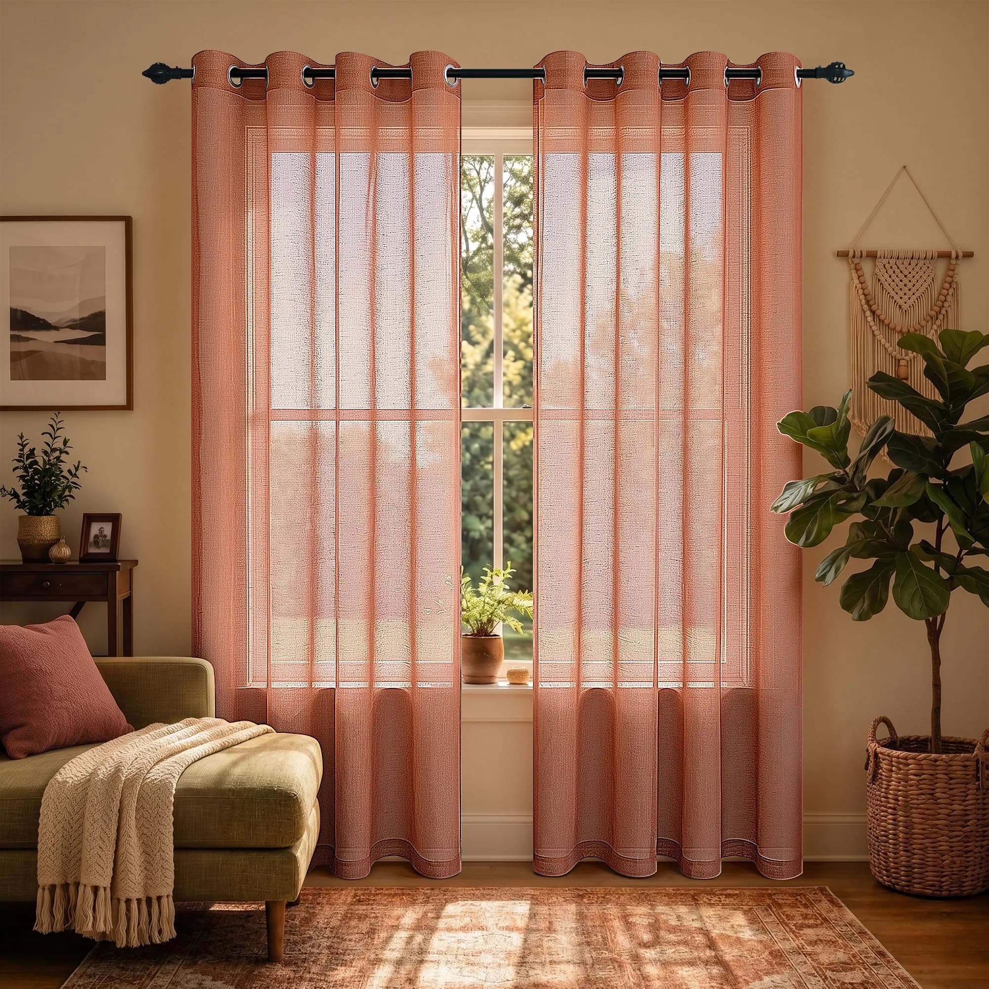Pitalk Terracotta Curtains 52"W x 84"L | Light Filtering Semi Sheer Linen Look