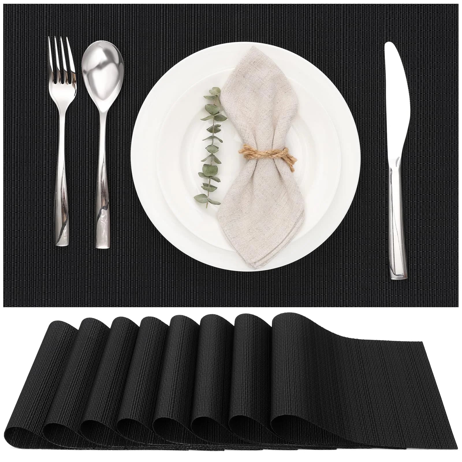 Myir JUN Black Placemats Set of 8 | Durable PVC Indoor/Outdoor Table Mats