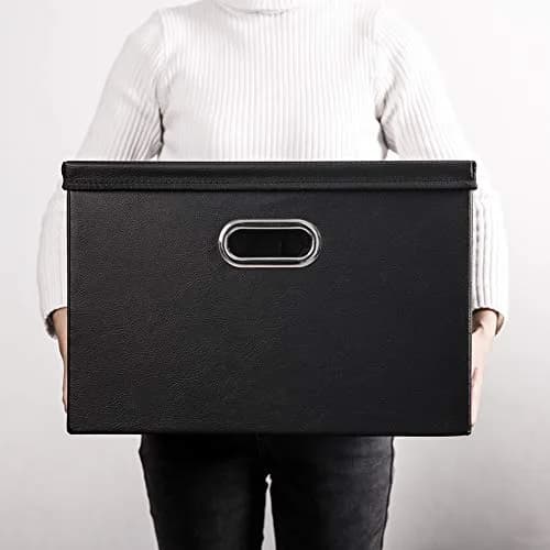 PRANDOM Large Collapsible Storage Bin with Lid | Leather Fabric Foldable Organizer 17.7x11.8x11.8 inches thumbnail 7
