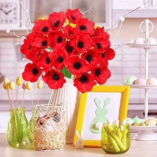 Winlyn 24 pcs Artificial Red Flower Stems PU Real Touch Flowers 29.5 cm (11.6") Tall | Realistic Red Blooms for Weddings thumbnail 6