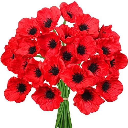 Winlyn 24 pcs Artificial Red Flower Stems PU Real Touch Flowers 29.5 cm (11.6") Tall | Realistic Red Blooms for Weddings thumbnail 1