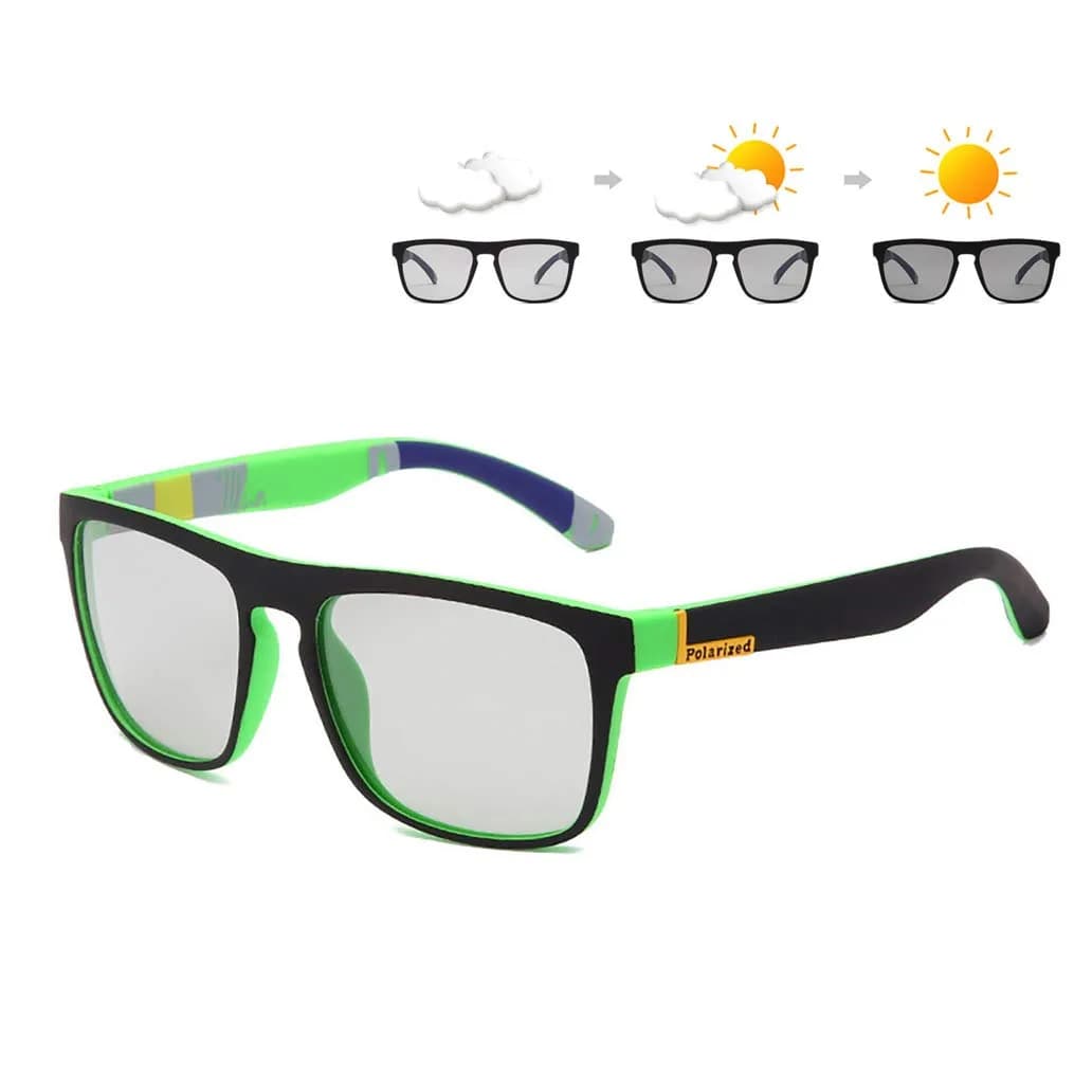 HCYCFY Photochromic Polarized Sunglasses Men Square Matte Frame Eyewear 65mm (2.56in) | Adaptive UV Protection for Cycling — Green Frame/Photochromic Lens