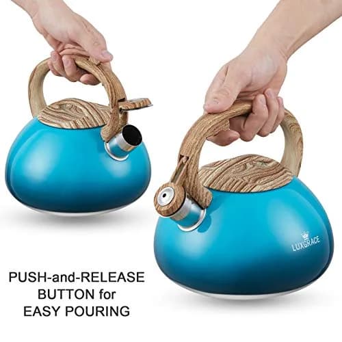 LUXGRACE 2.2 Quarts Stainless Steel Whistling Tea Kettle Blue | Food Grade, Induction Compatible thumbnail 4