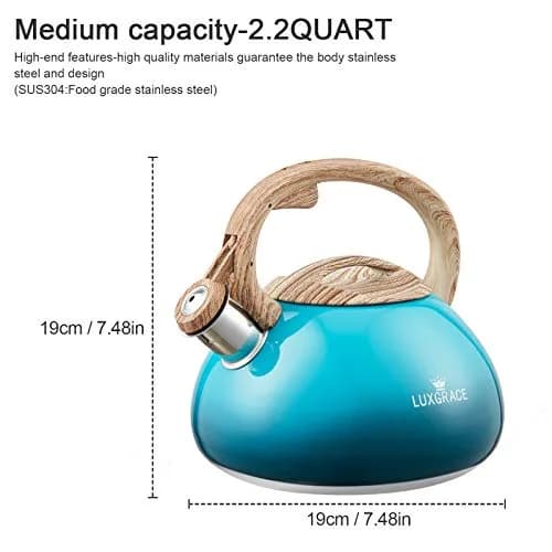 LUXGRACE 2.2 Quarts Stainless Steel Whistling Tea Kettle Blue | Food Grade, Induction Compatible thumbnail 5