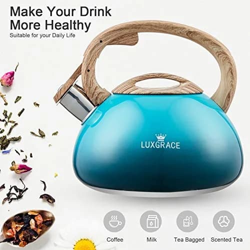 LUXGRACE 2.2 Quarts Stainless Steel Whistling Tea Kettle Blue | Food Grade, Induction Compatible thumbnail 2