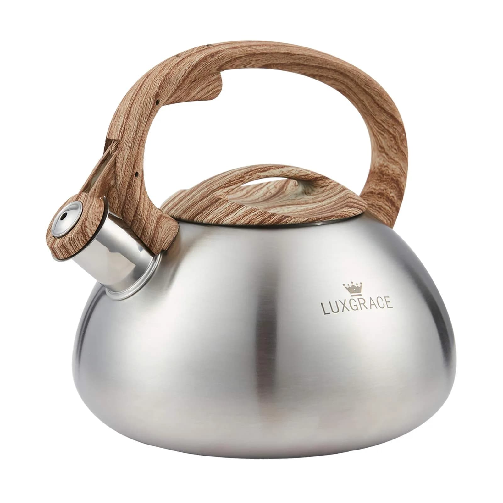 LUXGRACE Stainless Steel Stovetop Tea Kettle 2.2 Quarts | Loud Whistle & Wood Pattern Handle — 2.2 Quarts