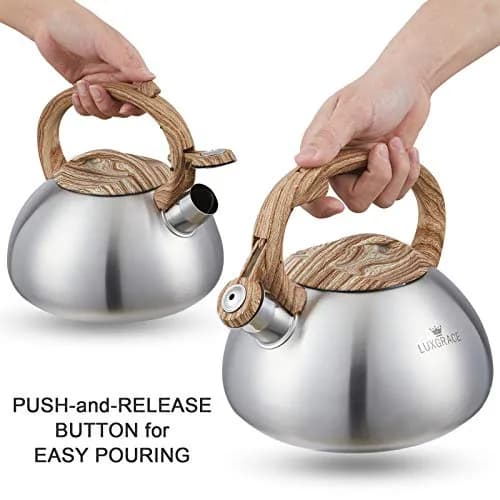 LUXGRACE Stainless Steel Stovetop Tea Kettle 2.2 Quarts | Loud Whistle & Wood Pattern Handle thumbnail 4