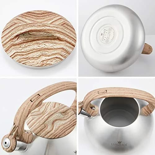 LUXGRACE Stainless Steel Stovetop Tea Kettle 2.2 Quarts | Loud Whistle & Wood Pattern Handle thumbnail 7