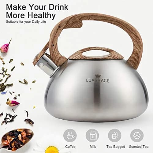 LUXGRACE Stainless Steel Stovetop Tea Kettle 2.2 Quarts | Loud Whistle & Wood Pattern Handle thumbnail 2