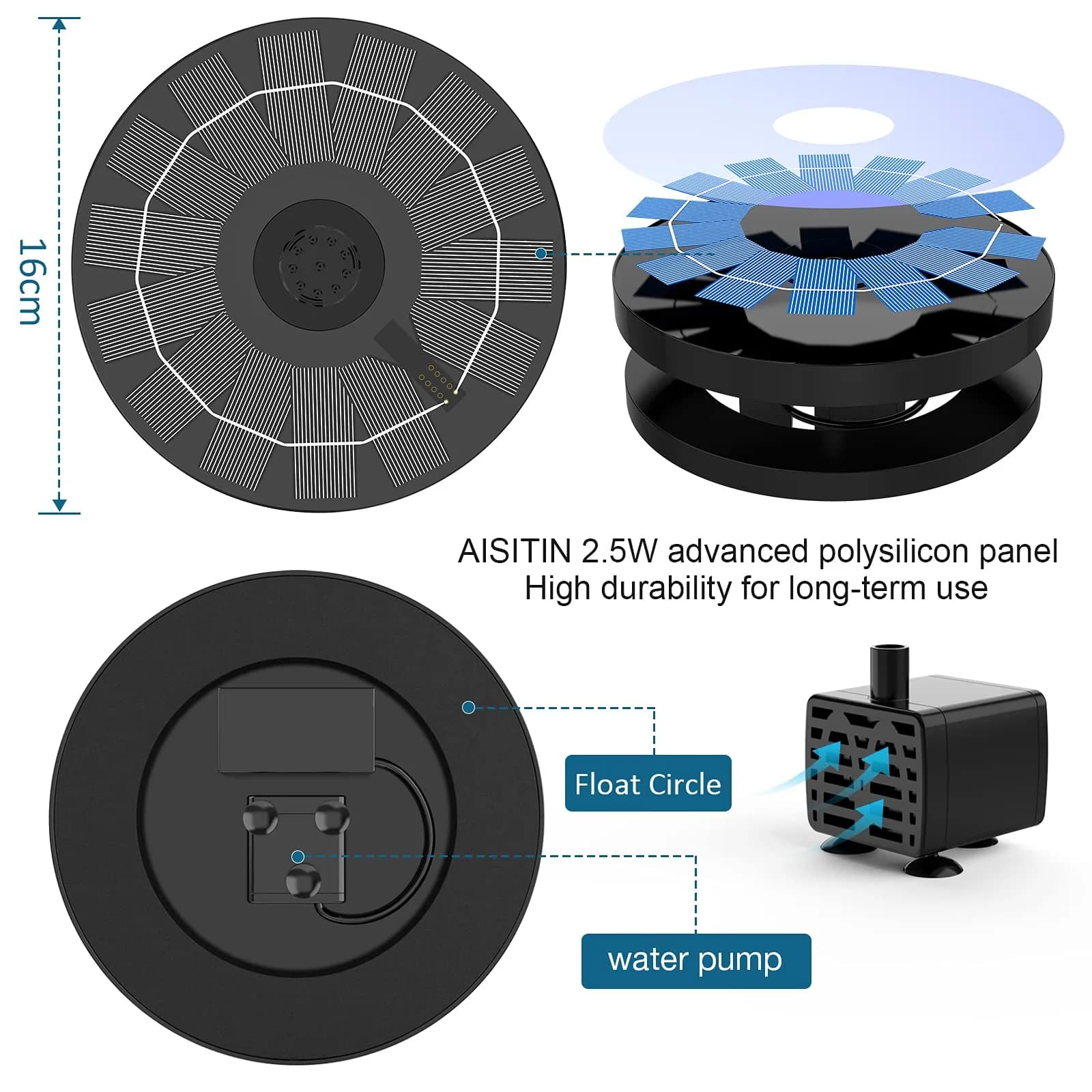 AISITIN 2.5W Solar Bird Bath Fountain Pump with 6 Nozzles & 4 Fixer | Floating Solar Water Pump for Ponds & Gardens - view 3