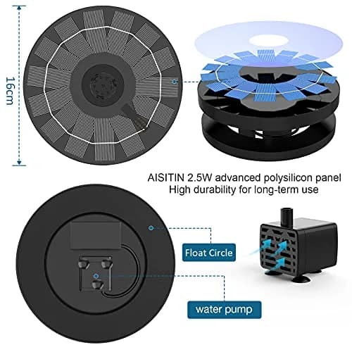 AISITIN 2.5W Solar Bird Bath Fountain Pump with 6 Nozzles & 4 Fixer | Floating Solar Water Pump for Ponds & Gardens thumbnail 3