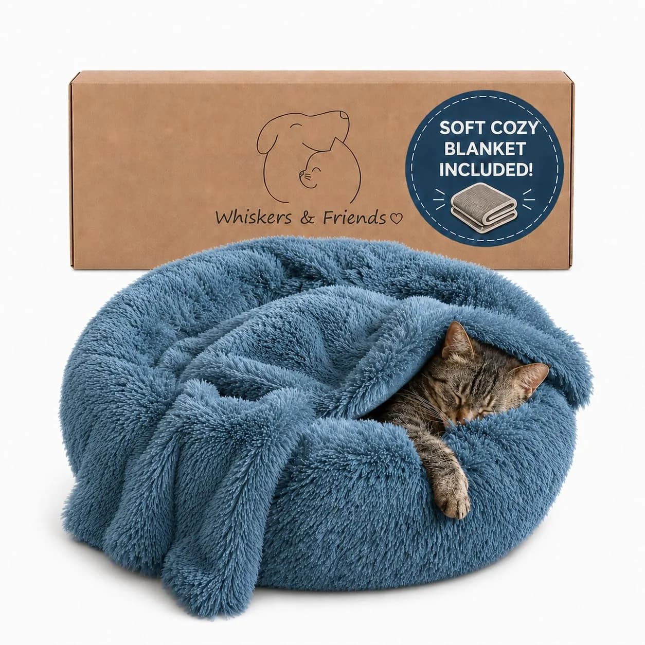 Whiskers & Friends Calming Donut Cat Bed 58cm (23") | Orthopedic Soft Plush Round Pet Bed for Indoor Cats & Small Dogs
