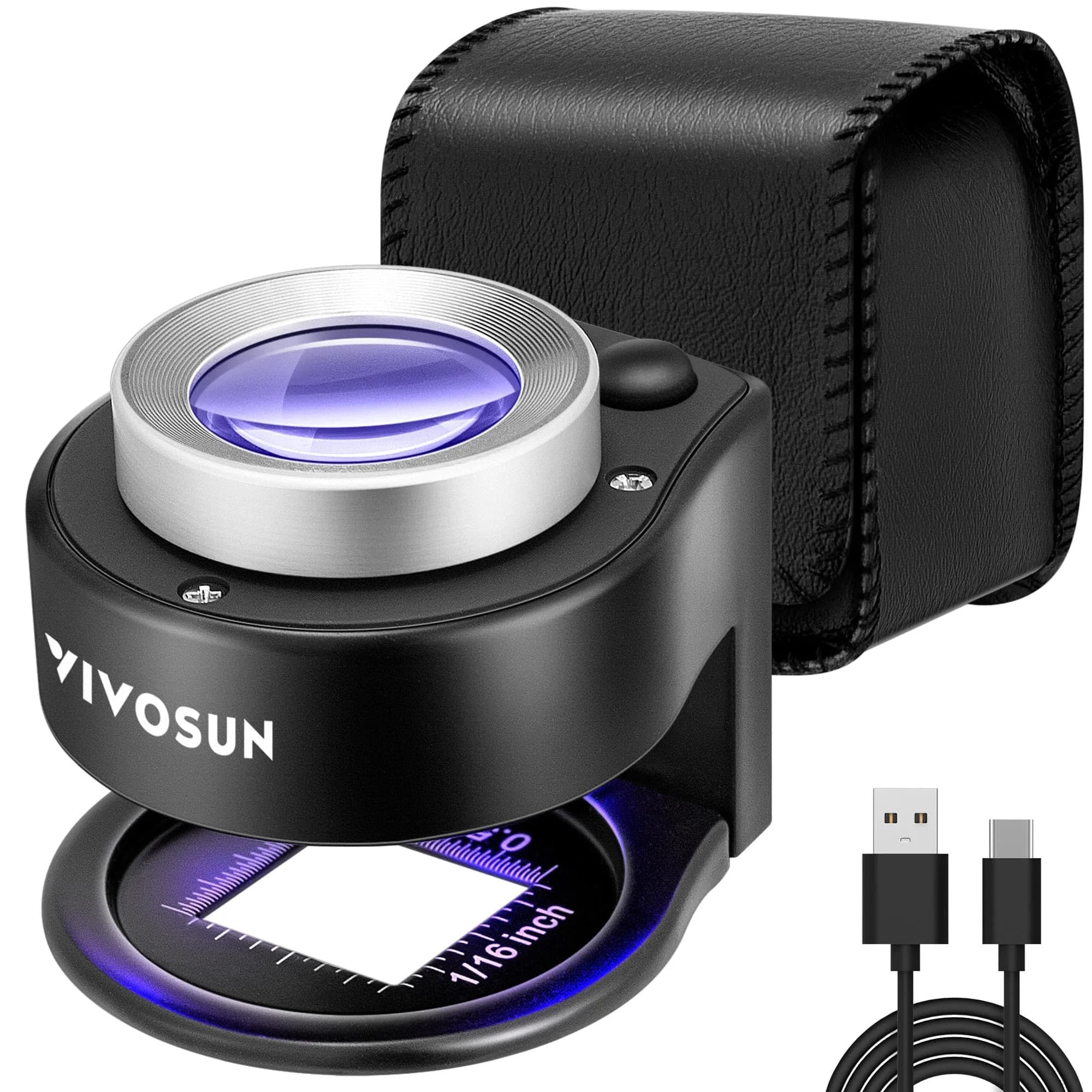 VIVOSUN 30X Rechargeable Loupe Magnifier with LED and UV Light, Black | Optical Glass Lens with Scale — Black