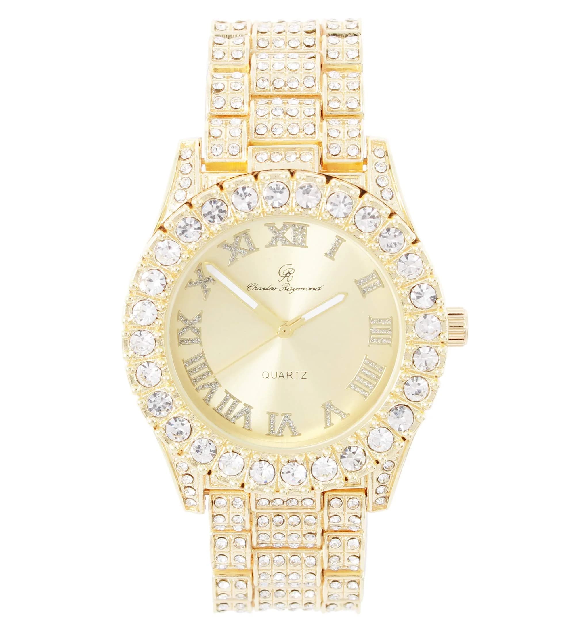 Charles Raymond Hip Hop Iced Out Watch with Shiny Gold Dial & Silver Tone Finish | 42mm Case - main product image
