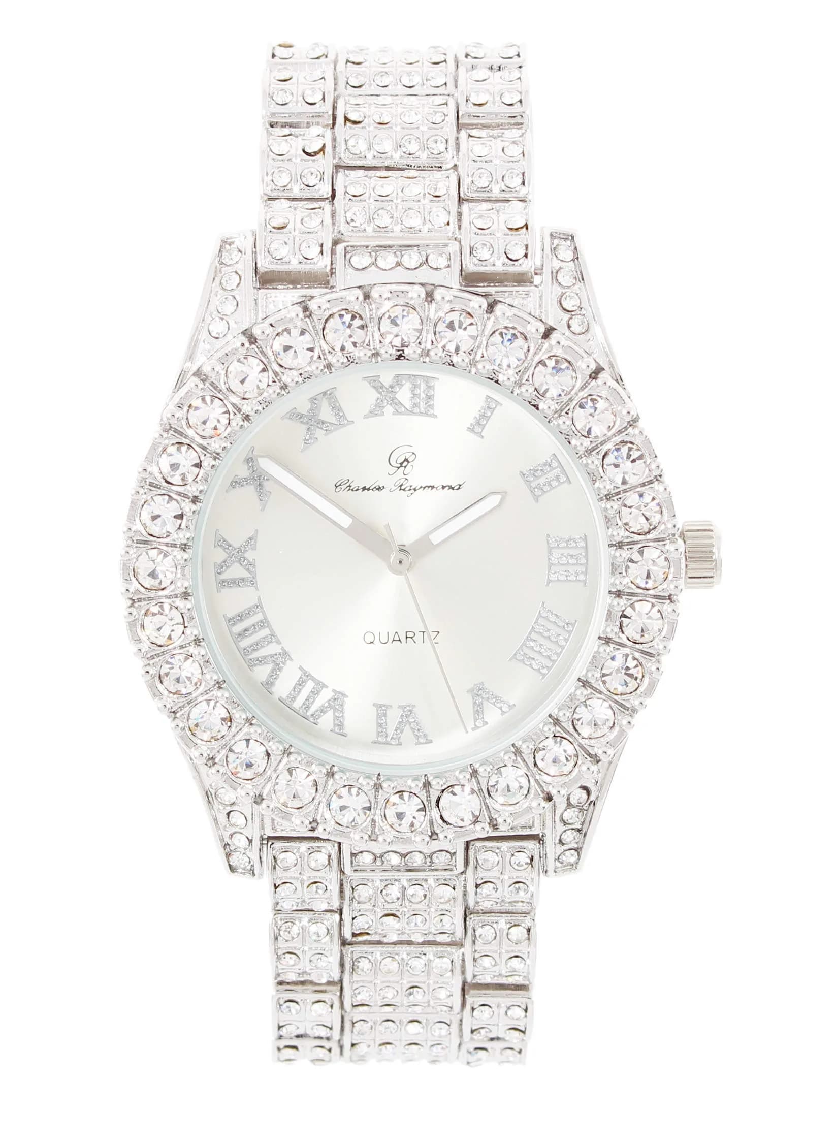 Charles Raymond Hip Hop Shiny Silver Iced Out Watch with Roman Numerals & Colorful Dial - main product image