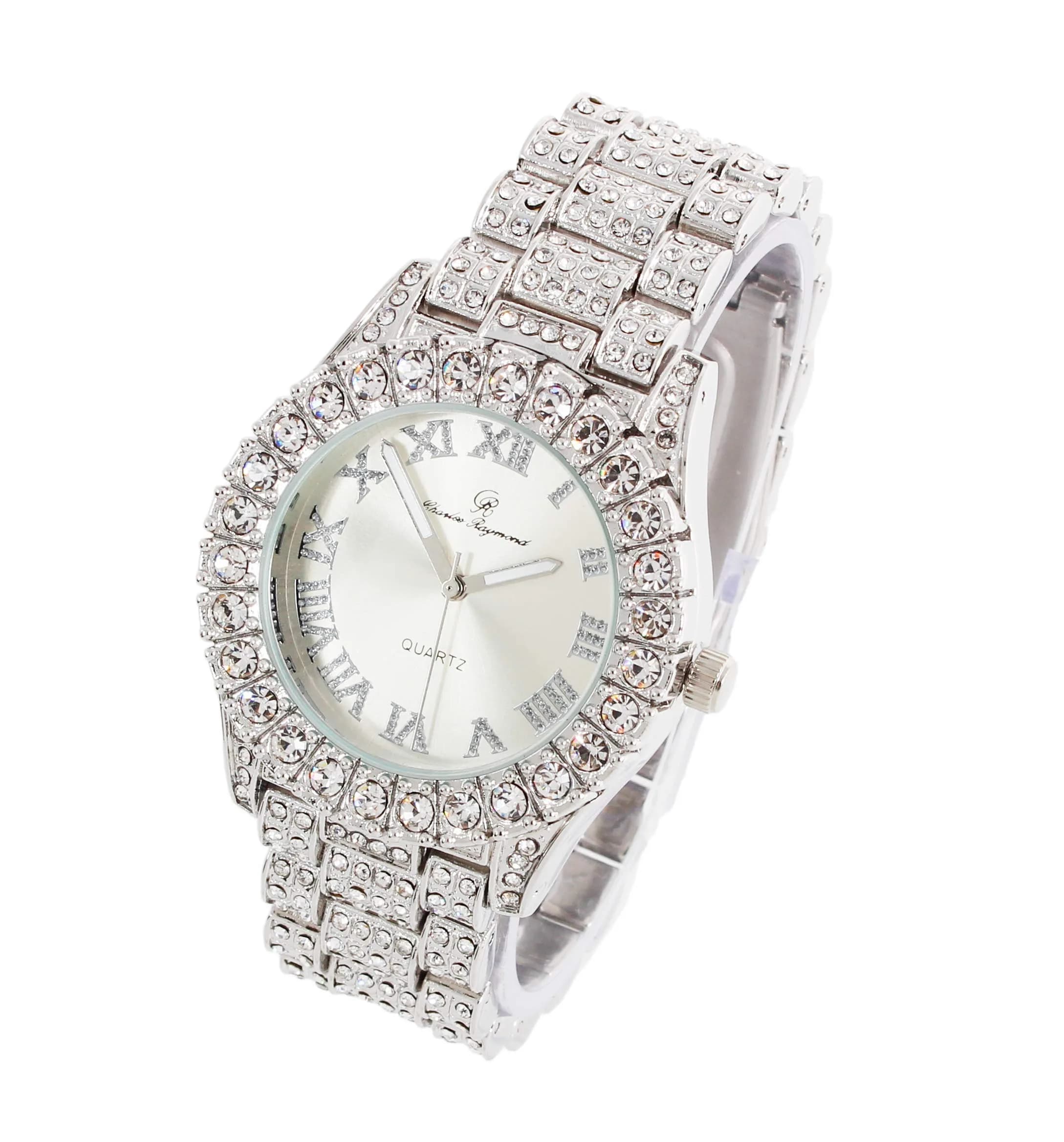 Charles Raymond Hip Hop Shiny Silver Iced Out Watch with Roman Numerals & Colorful Dial - view 2