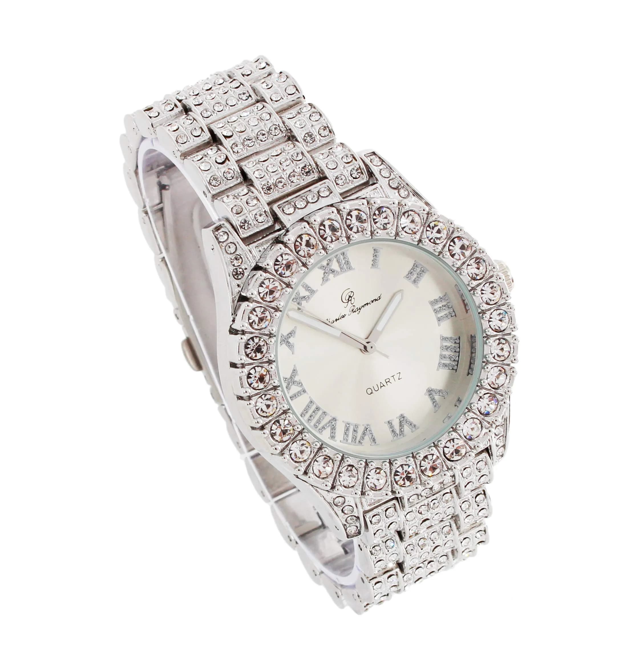 Charles Raymond Hip Hop Shiny Silver Iced Out Watch with Roman Numerals & Colorful Dial - view 3