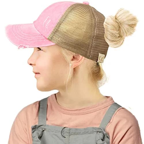 C.C Kids Messy Bun Ponytail Baseball Cap with Criss-Cross Back | Baby Pink thumbnail 2