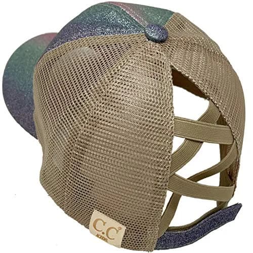 C.C Kids Messy Bun Ponytail Baseball Cap Hat with Criss-Cross Back & Ombre Glitter (One Size Fits Most, Purple Multi) thumbnail 1