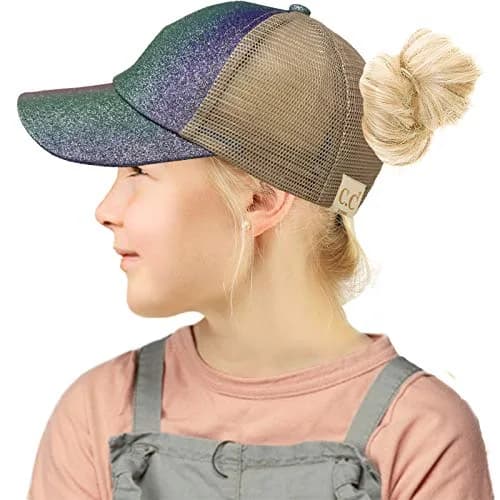 C.C Kids Messy Bun Ponytail Baseball Cap Hat with Criss-Cross Back & Ombre Glitter (One Size Fits Most, Purple Multi) thumbnail 2