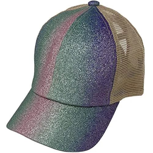 C.C Kids Messy Bun Ponytail Baseball Cap Hat with Criss-Cross Back & Ombre Glitter (One Size Fits Most, Purple Multi) thumbnail 3