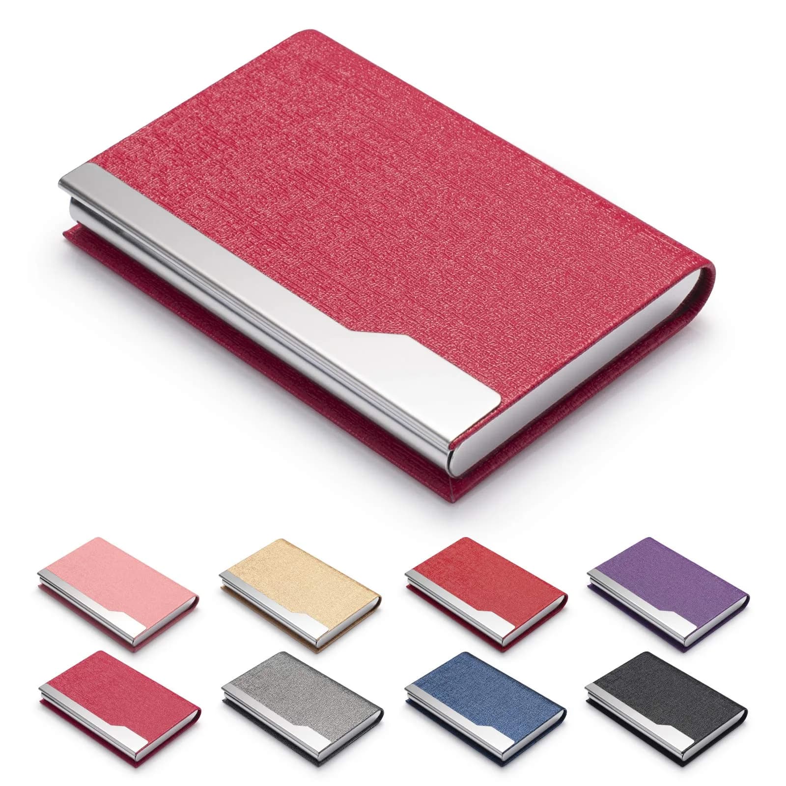 FACATH Business Card Holder Case - Black Luxury PU Leather Name Card Holder | Slim & Portable Design — QZP-Rose Red
