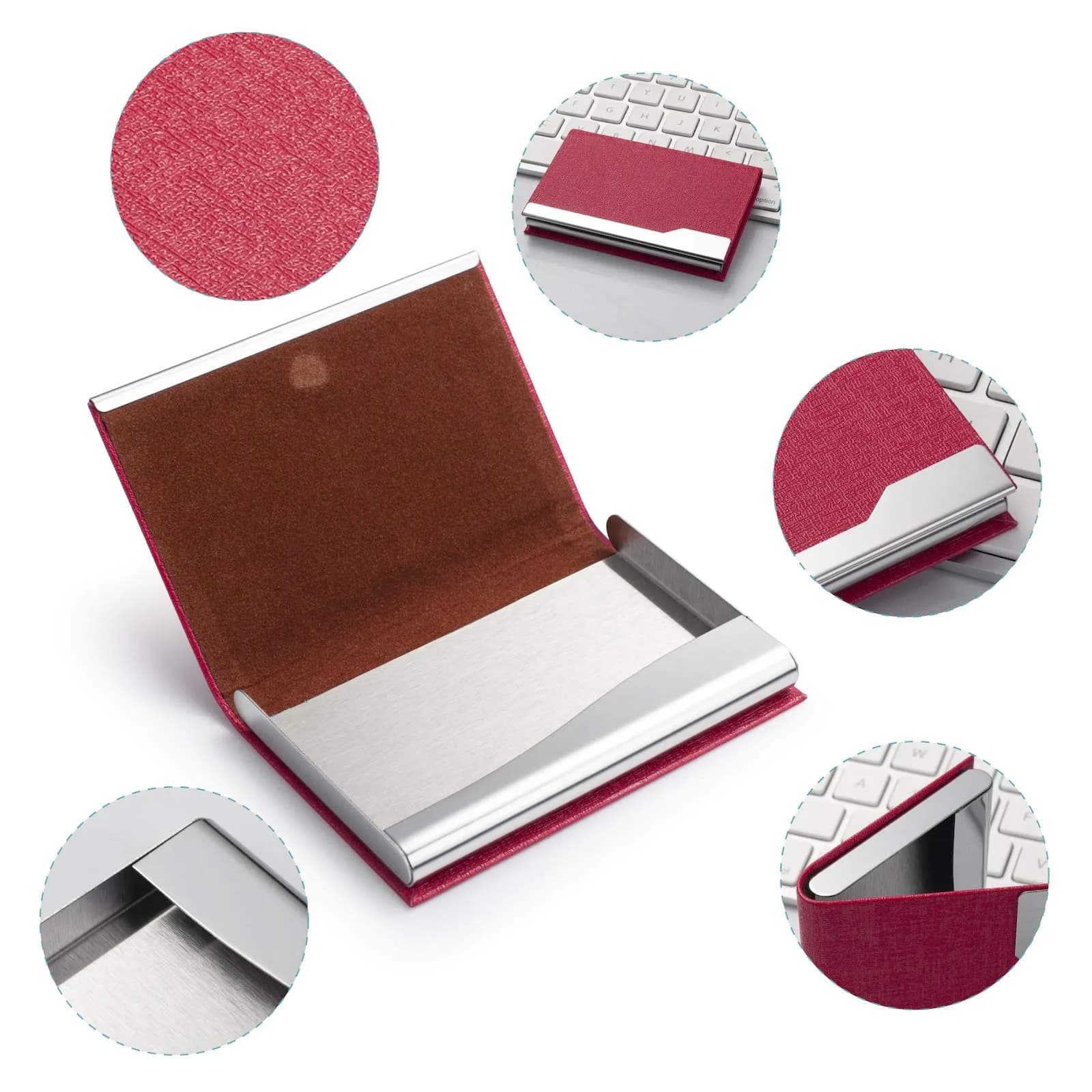 FACATH Business Card Holder Case Rose Red PU Leather Name Card Holder | Slim & Portable Design - view 5