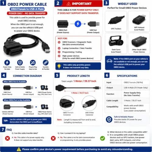 WSDMAVIS 1Meter 16 Pins OBD2 Female to USB A Male Power Connection Cable | Power Supply Only, 1m thumbnail 2