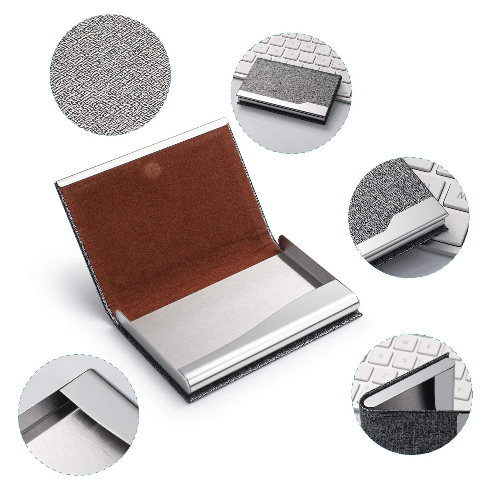 FACATH Business Card Holder Case - Grey PU Leather | Slim, Portable, Magnetic Closure - view 5