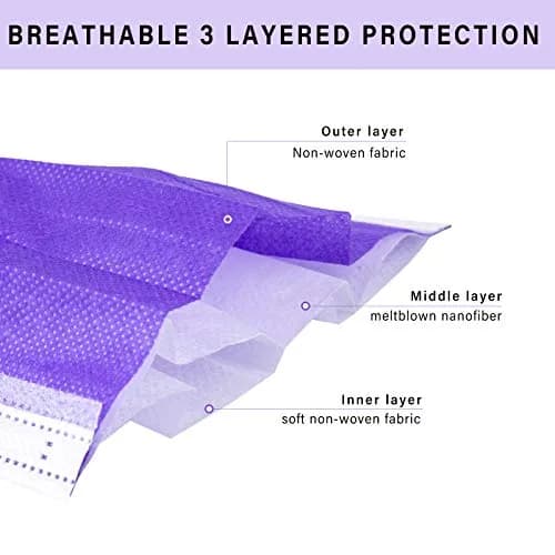 Borje Purple Disposable Face Mask 100 Pcs | 3 Ply Breathable Non-Woven Masks for Adults thumbnail 2