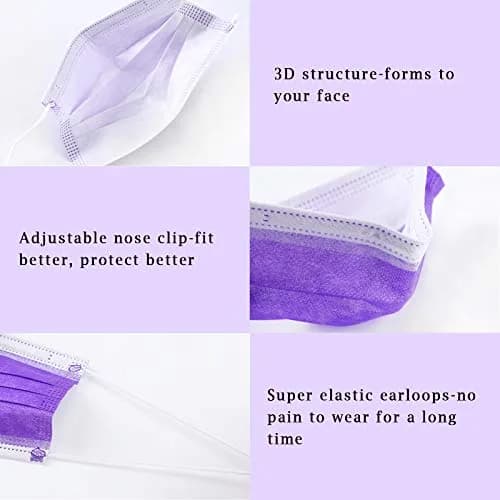 Borje Purple Disposable Face Mask 100 Pcs | 3 Ply Breathable Non-Woven Masks for Adults thumbnail 3