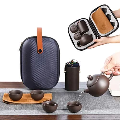 CAISANG Ceramic Travel Tea Sets 6 Pack | Portable Chinese Gongfu Purple Clay Teapot (22*16*9CM, 1.5KG) thumbnail 1
