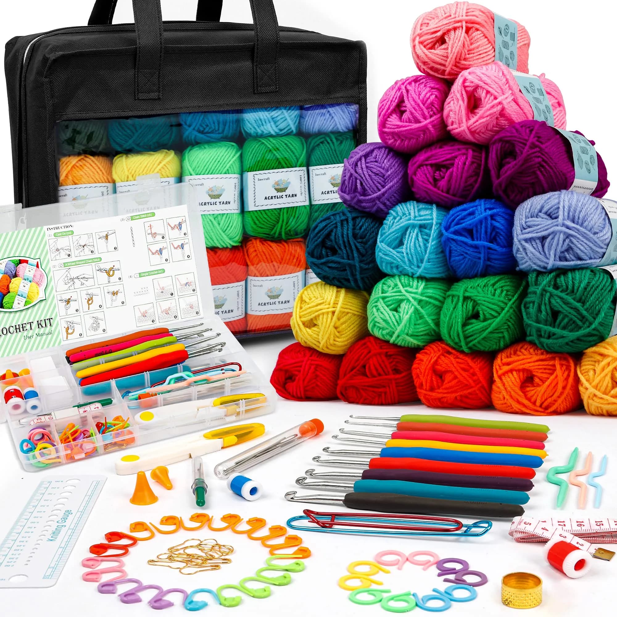 INSCRAFT Crochet Yarn Kit for Beginners & Kids | 1650 Yards, 30 Colors, Acrylic Yarn, Hooks, Manual, Pink Bag — Black
