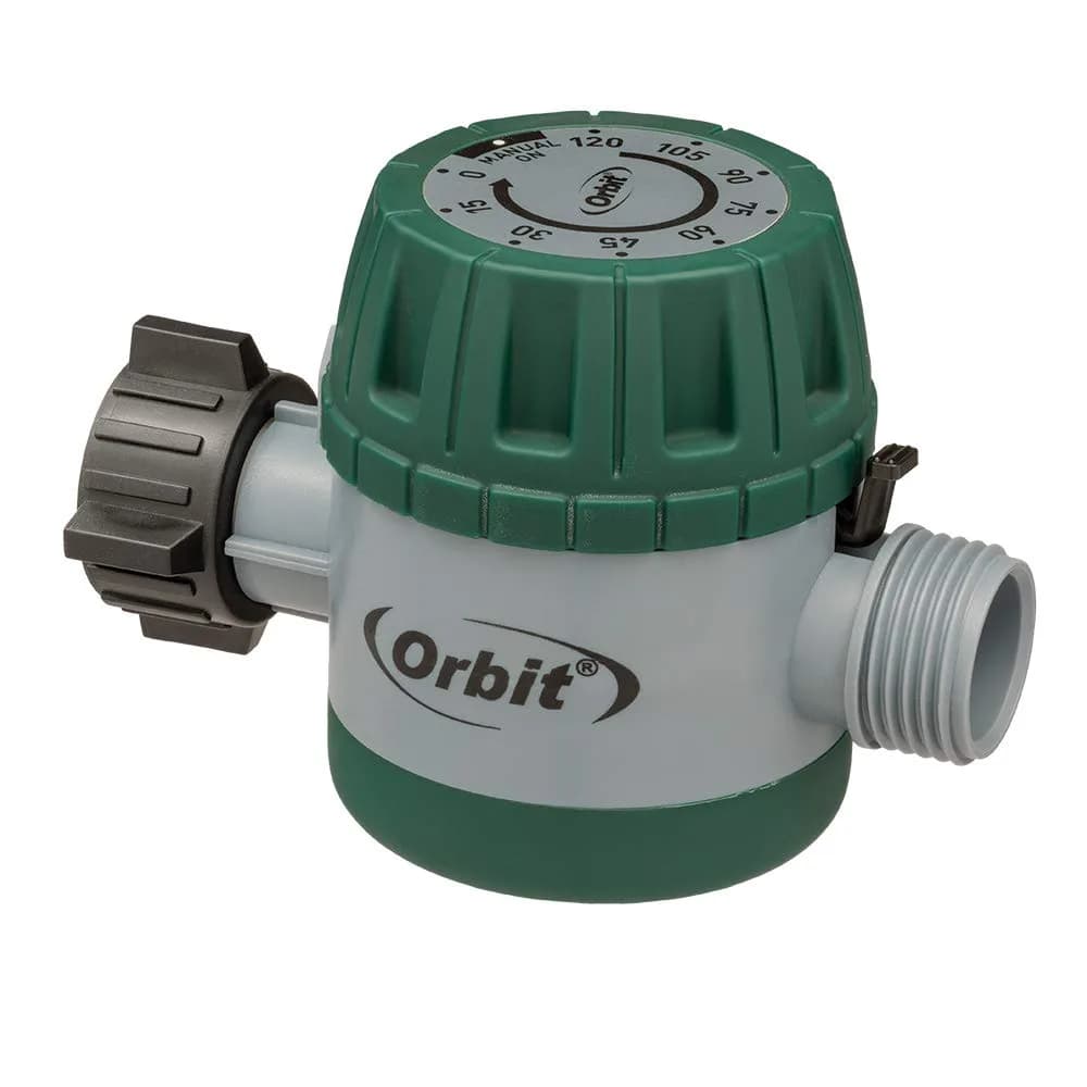 Orbit Mechanical Water Timer - Adjustable Irrigation Shutoff for Lawn & Garden Watering - Battery-Free Clockwork Hose Faucet Timer with Easy Grip Dial & Manual Bypass — Colors May Vary