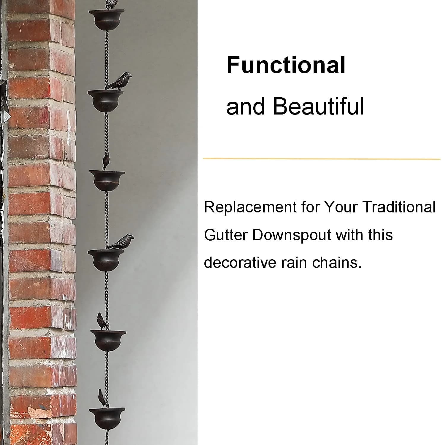 Jemeni 5.5 ft Rain Chain with 8 Birds on Cups | Rust-Proof Iron Gutter Chain for Outdoor Decor - view 5