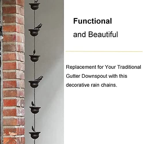 Jemeni 5.5 ft Rain Chain with 8 Birds on Cups | Rust-Proof Iron Gutter Chain for Outdoor Decor thumbnail 5