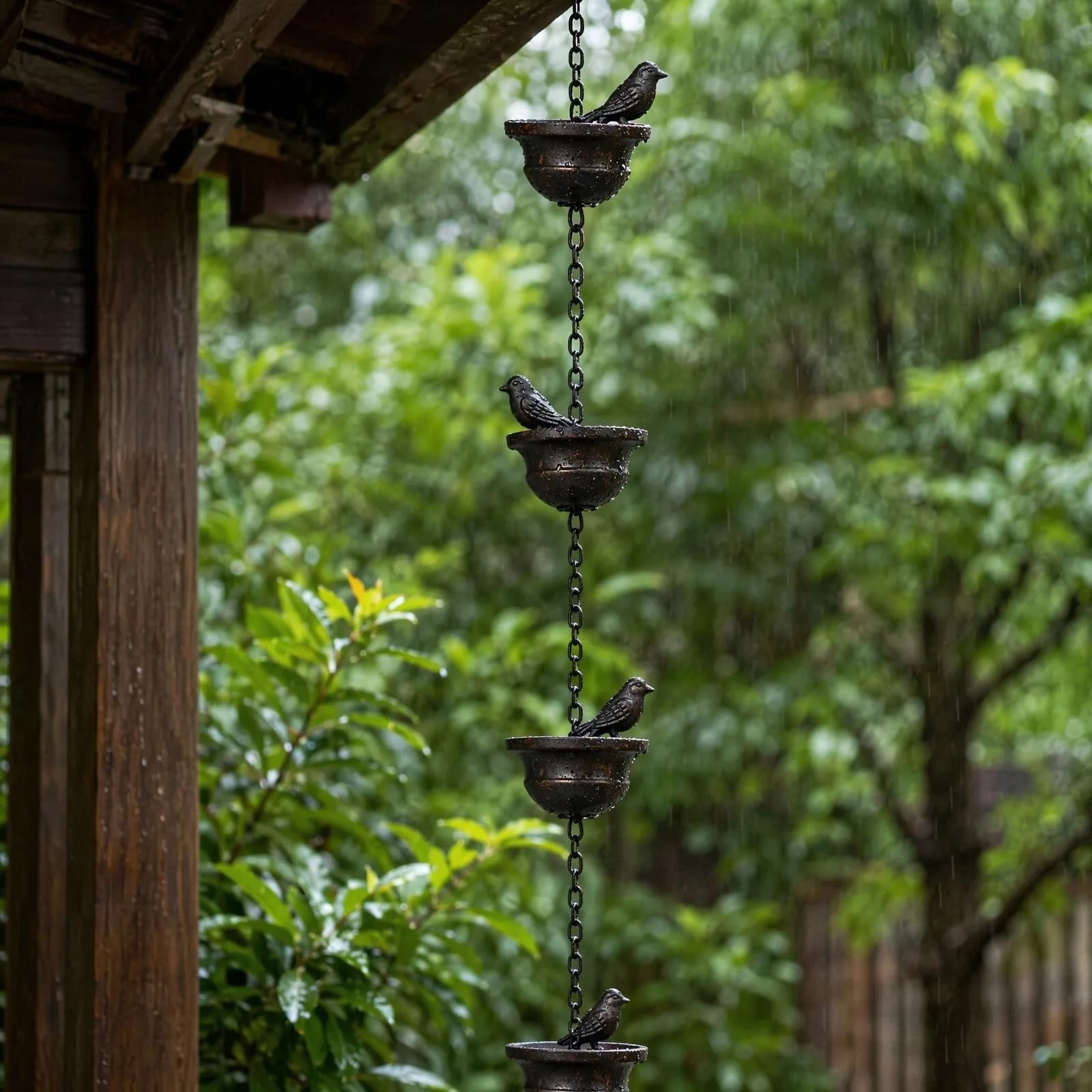 Jemeni 5.5 ft Rain Chain with 8 Birds on Cups | Rust-Proof Iron Gutter Chain for Outdoor Decor - view 7