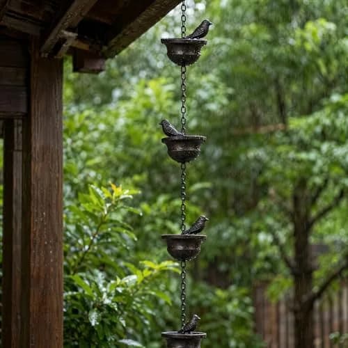 Jemeni 5.5 ft Rain Chain with 8 Birds on Cups | Rust-Proof Iron Gutter Chain for Outdoor Decor thumbnail 7