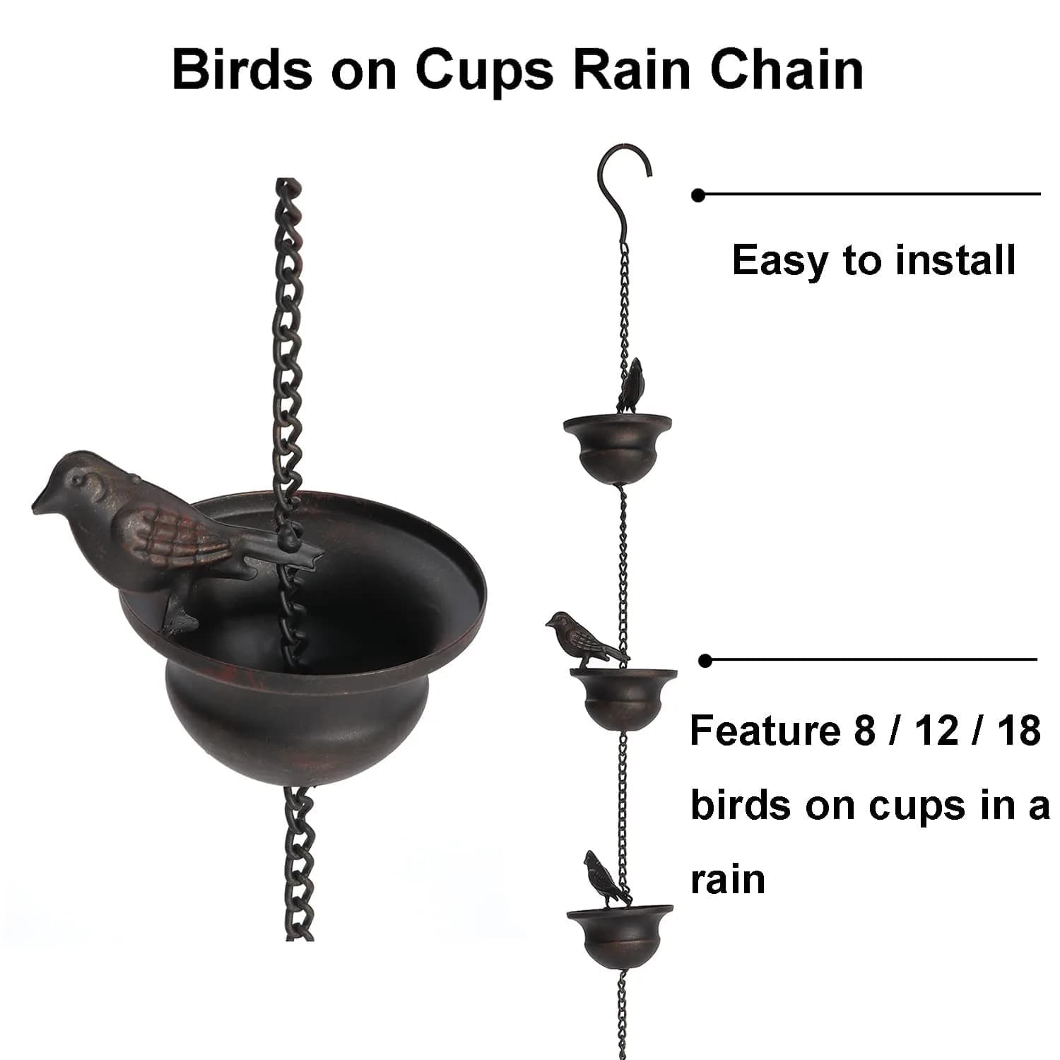 Jemeni 5.5 ft Rain Chain with 8 Birds on Cups | Rust-Proof Iron Gutter Chain for Outdoor Decor - view 2